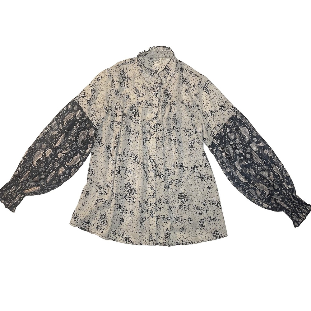 Grace & Emma Mock Neck Ruffle Paisley Dotted Balloon Sleeve Blouse M